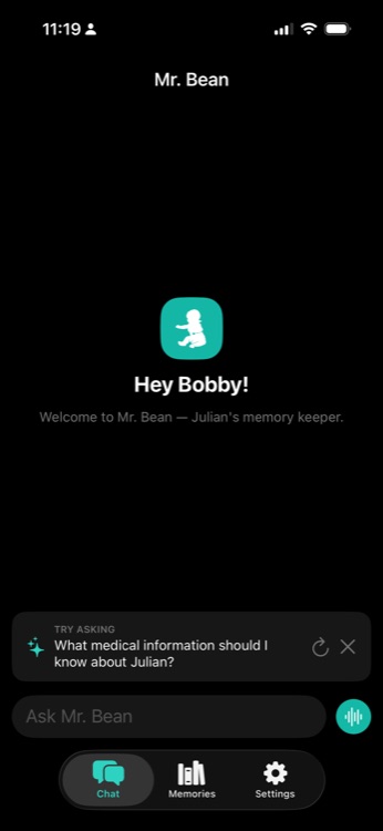 Mr. Bean chat screen asking a question