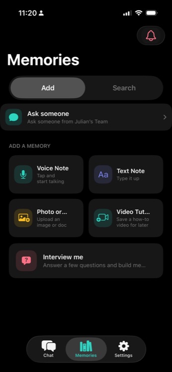 Add a memory screen with voice note, text note, photo, and interview options
