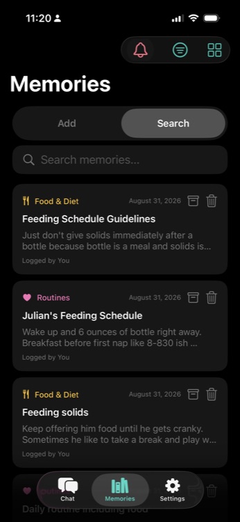 Searchable list of logged memories organized by category